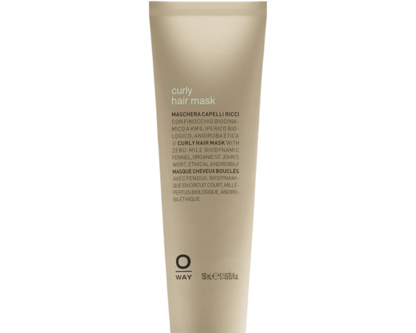 A beige tube of Oway Curly Hair Mask | Definition and Moisture Mask for Natural Curls stands upright against a black textured background—ideal for enhancing definition and achieving frizz-free, natural curls.