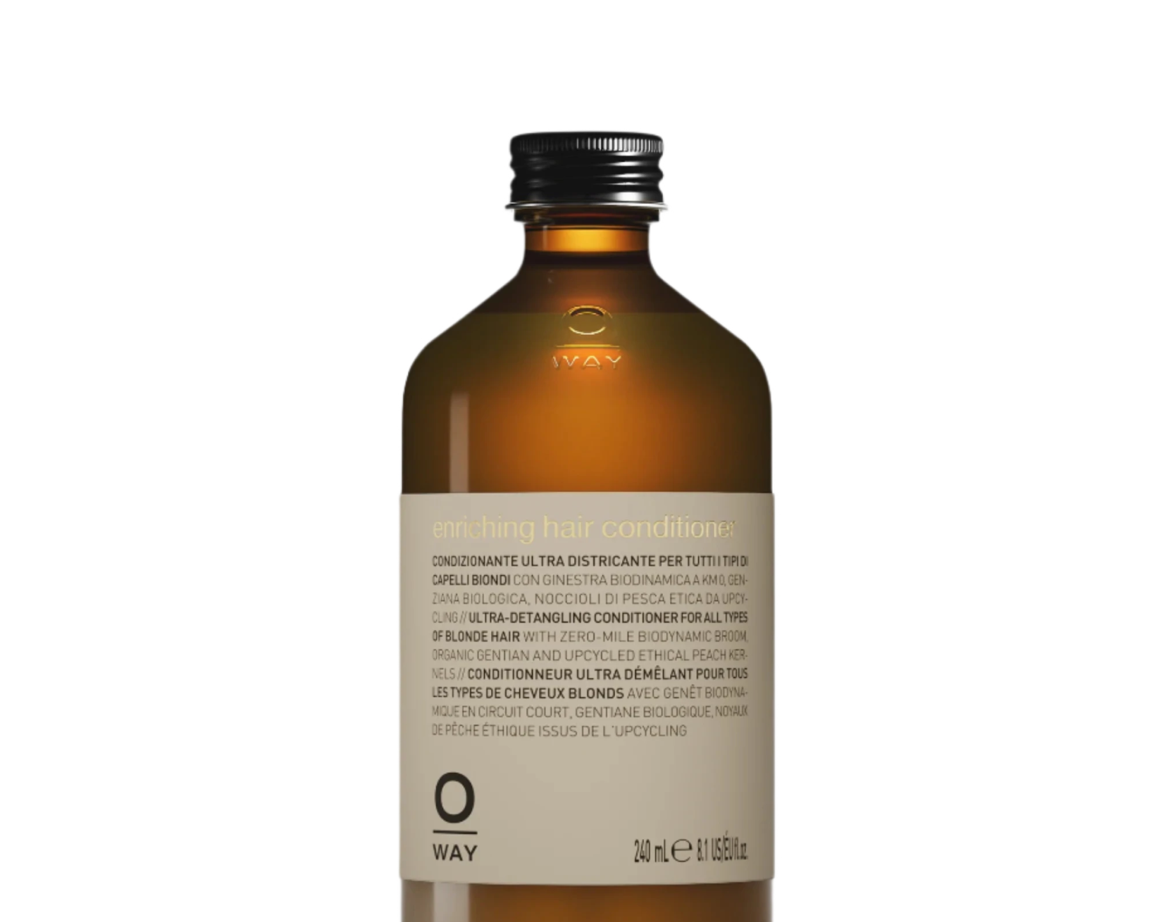 A brown glass bottle with a silver cap labeled "Oway Enriching Hair Conditioner | Ultra Detangling For Dry Brittle Strands," containing 240 ml (8.5 fl oz) of plant-based formula for detangling and nourishing dry, brittle hair.