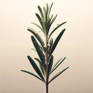 A close-up of a single rosemary sprig with fresh green leaves and water droplets highlights its role in Oway Flowerfall, an aromatherapeutic scalp and mind balancing mist by Oway—ideal for holistic scalp care rituals.