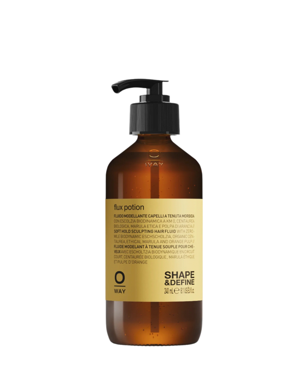 A brown plastic pump bottle labeled "Oway Flux Potion | Lightweight Volumizing Serum for Soft Body and Hold" by Oway, enriched with Organic Black Quinoa, 240 ml (8.1 fl.oz.), featuring a yellow multilingual label.