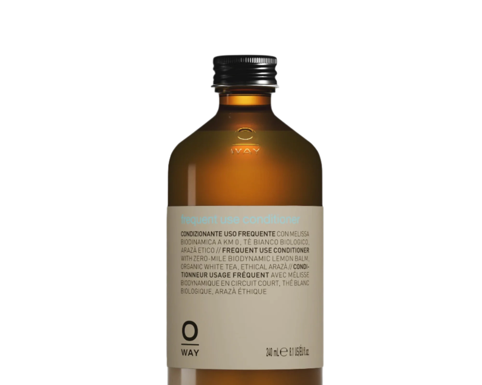 A 240ml brown glass bottle with black cap labeled "Oway Frequent Use Conditioner | Lightweight Conditioner for Everyday Use" by Oway. Ideal for daily use and all hair types.