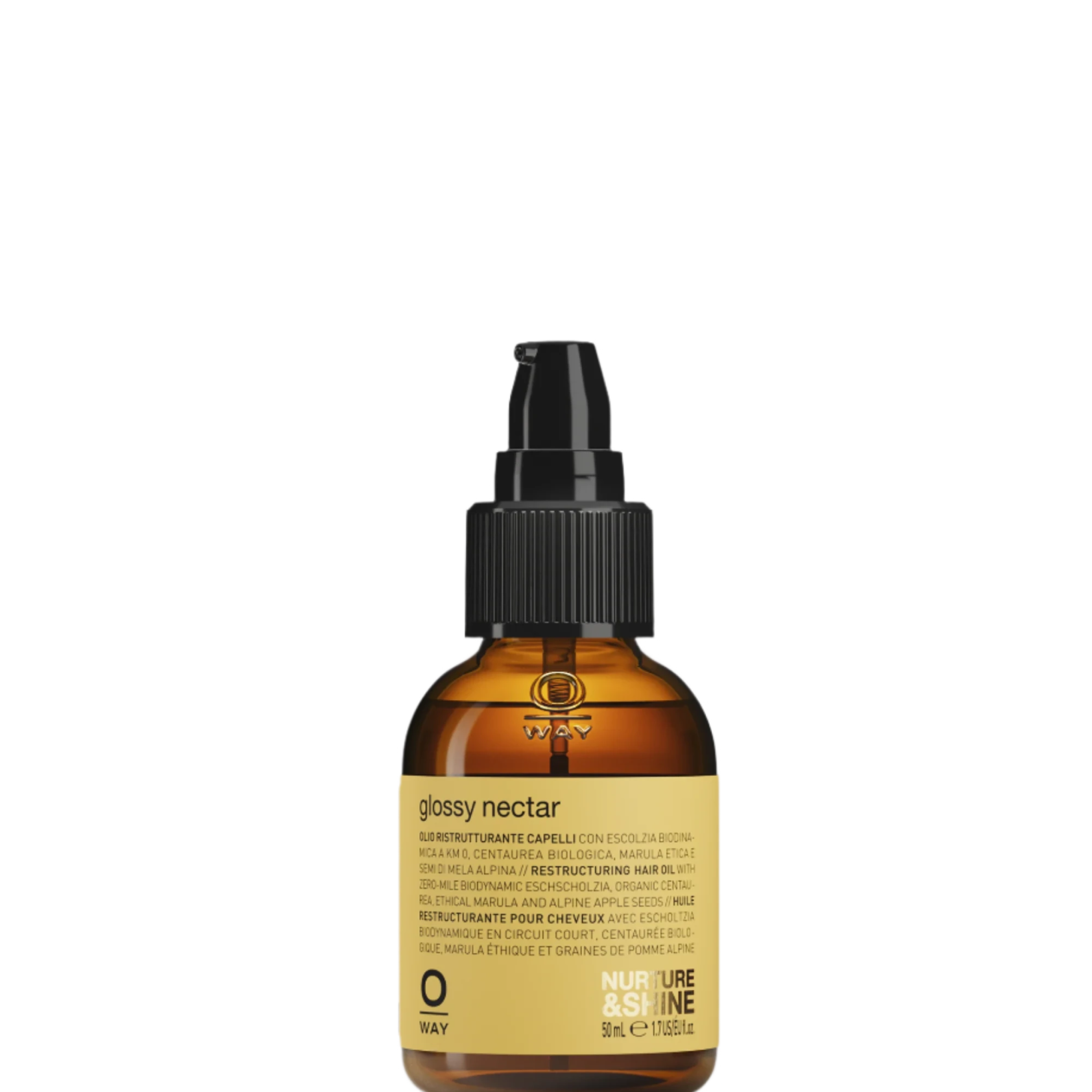 Oway Glossy Nectar | Rebuilding Oil Serum for Shine and Hair Strength comes in a 50 ml (1.69 fl. oz) amber bottle with a black cap, delivering frizz control, shine, and stronger hair.
