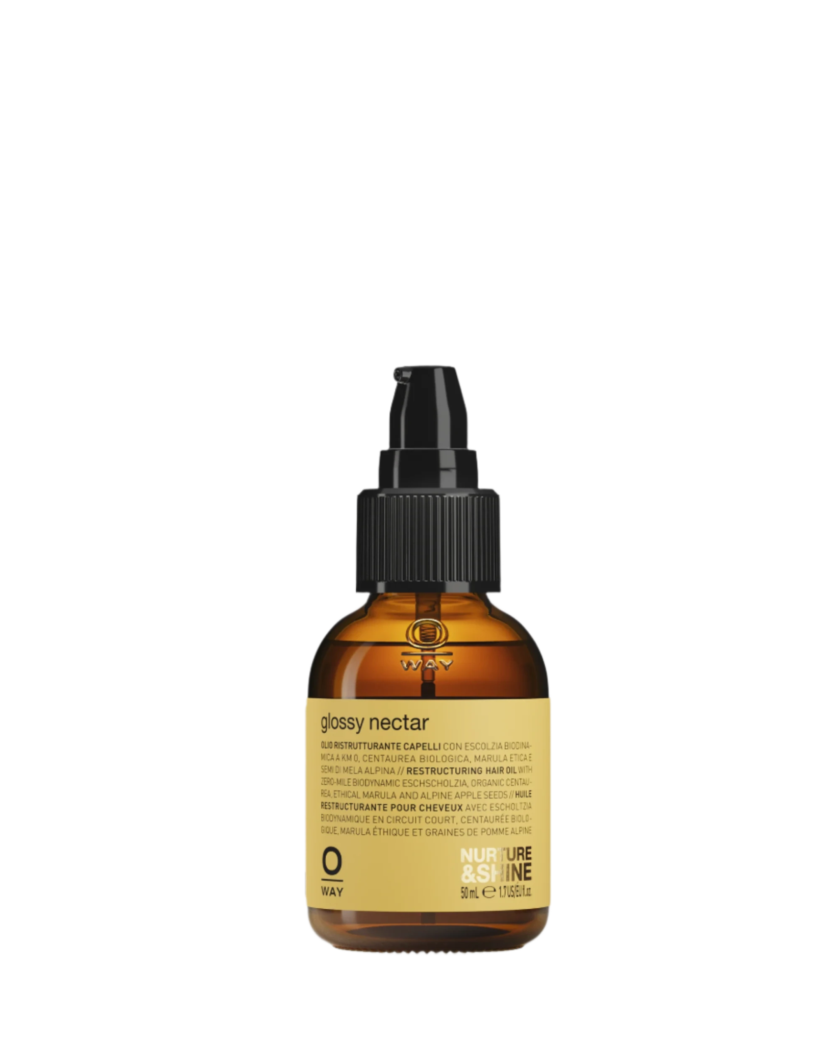Oway Glossy Nectar | Rebuilding Oil Serum for Shine and Hair Strength comes in a 50 ml (1.69 fl. oz) amber bottle with a black cap, delivering frizz control, shine, and stronger hair.