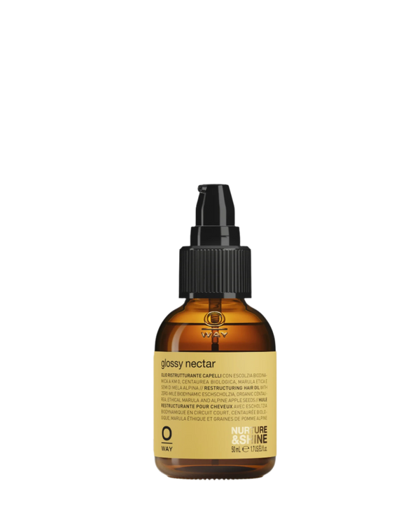 A brown bottle with a black pump dispenser labeled "Oway Glossy Nectar | Rebuilding Oil Serum for Shine and Hair Strength," 50 ml, features multilingual branding emphasizing frizz control and enhanced hair shine.