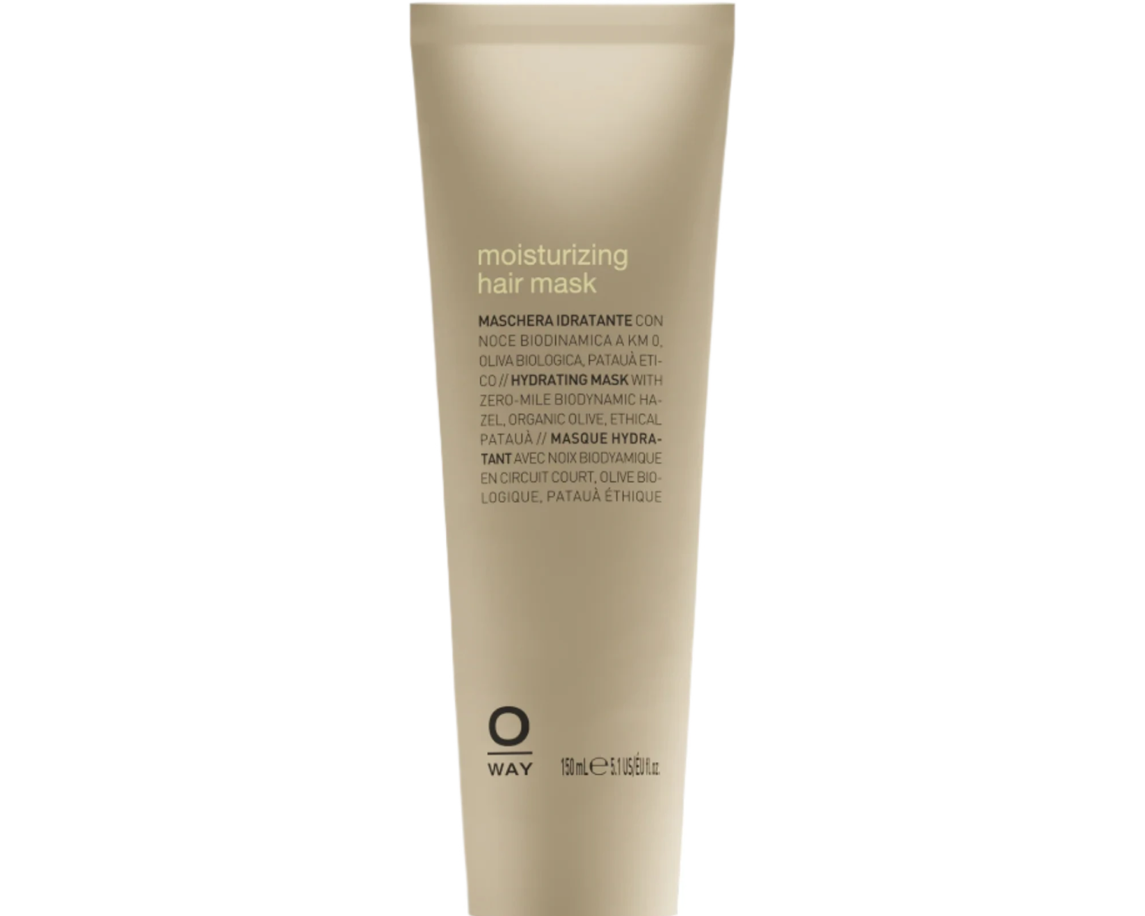 A beige tube of Oway Moisturizing Hair Mask | Deep Hydration Mask for Dry or Dehydrated Hair stands upright with black text and a black cap against a dark textured background, ideal for nourishing parched strands.