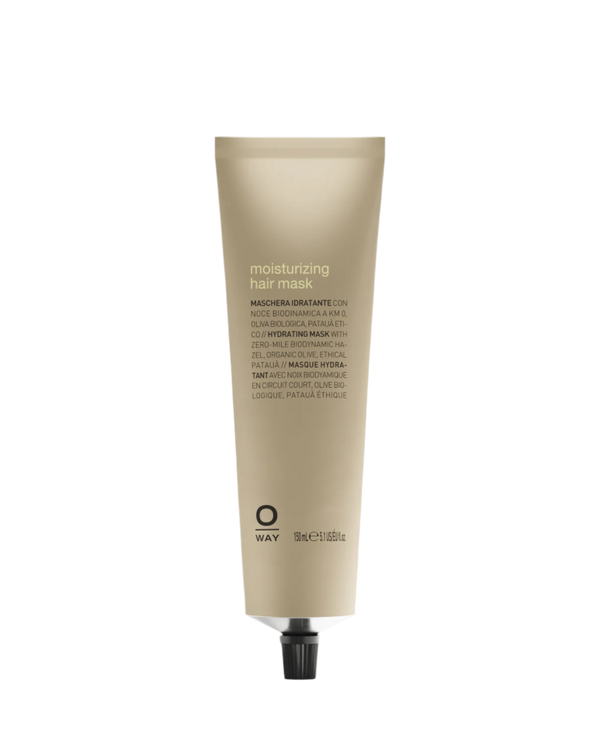 A beige tube of Oway Moisturizing Hair Mask | Deep Hydration Mask for Dry or Dehydrated Hair with a black screw cap stands upright against a white background, featuring the Oway brand name and product details on the front.