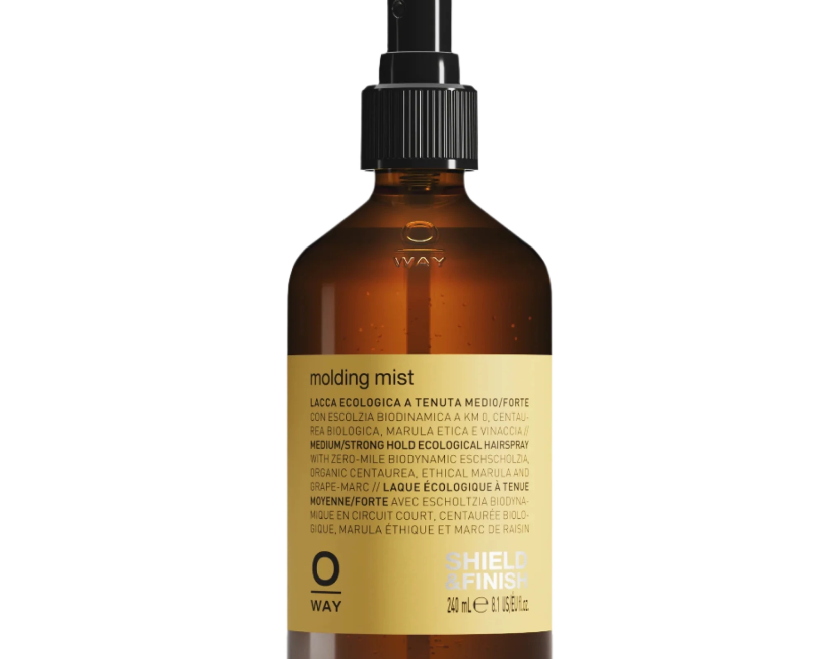 Amber spray bottle of Oway Molding Mist | Humidity-Resistant Spray for Shape and Memory with black pump, displayed against a textured black background, offers frizz protection.