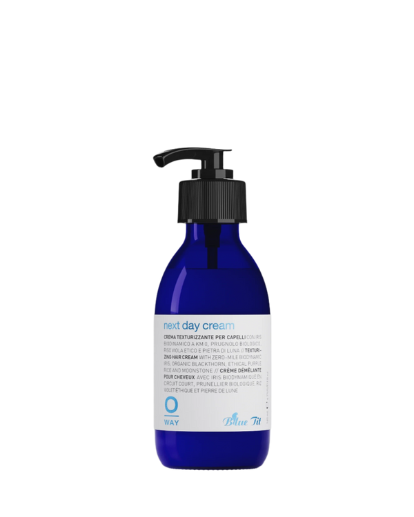 A blue Oway Next Day Cream pump bottle with a black dispenser and white label, featuring "Soft Styling Cream for Next-Day Texture Revival," stands upright on a white background.