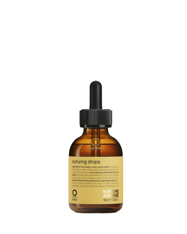 A brown glass dropper bottle with a black cap, labeled "Oway Nurturing Drops | Silkening Serum for Split Ends and Heat Protection." The label features product details and the Oway brand at the bottom.