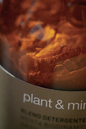 A close-up of a brown glass bottle labeled "plant & min." The product is Oway Plant & Mineral Refresh, a purifying dry shampoo powder for all hair types. The text beneath the label appears blurred and unreadable.