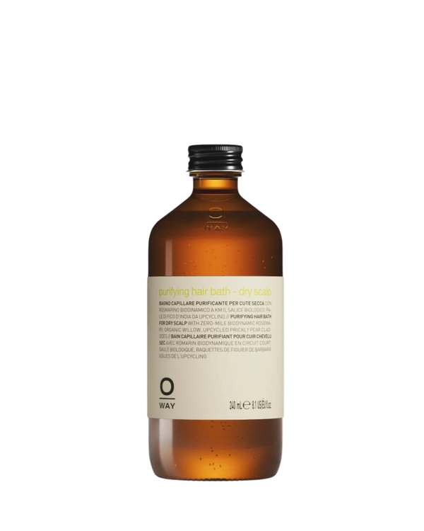 Oway Purifying Hair Bath for Dry Scalp is an organic shampoo in a 240 mL brown bottle with black cap, featuring a multilingual label. It supports scalp microbiome and targets dry dandruff.
