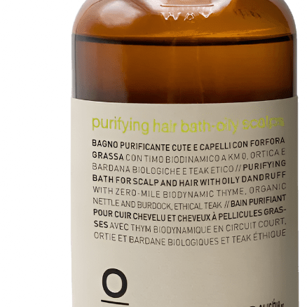 A 240 ml brown glass bottle of Oway Purifying Hair Bath for Oily Scalp, featuring multilingual front labeling. An organic shampoo by Oway, ideal for gently clarifying and balancing oily scalps.