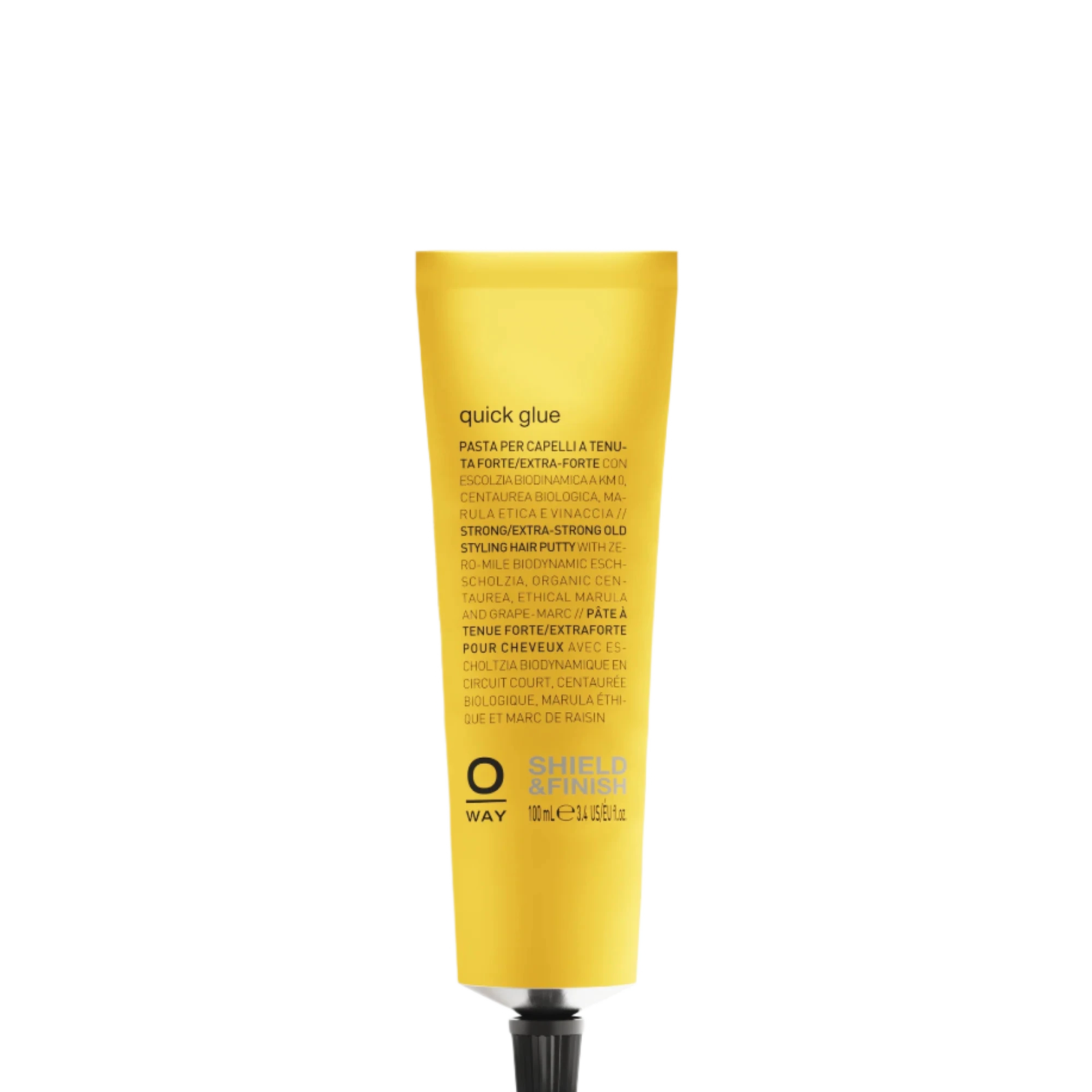 A yellow tube of Oway Quick Glue | Ultra-Hold Styling Glue for Creative Hair Sculpting stands upright, featuring black text and a black screw cap—ideal for creative styles and ultra-strong hold.