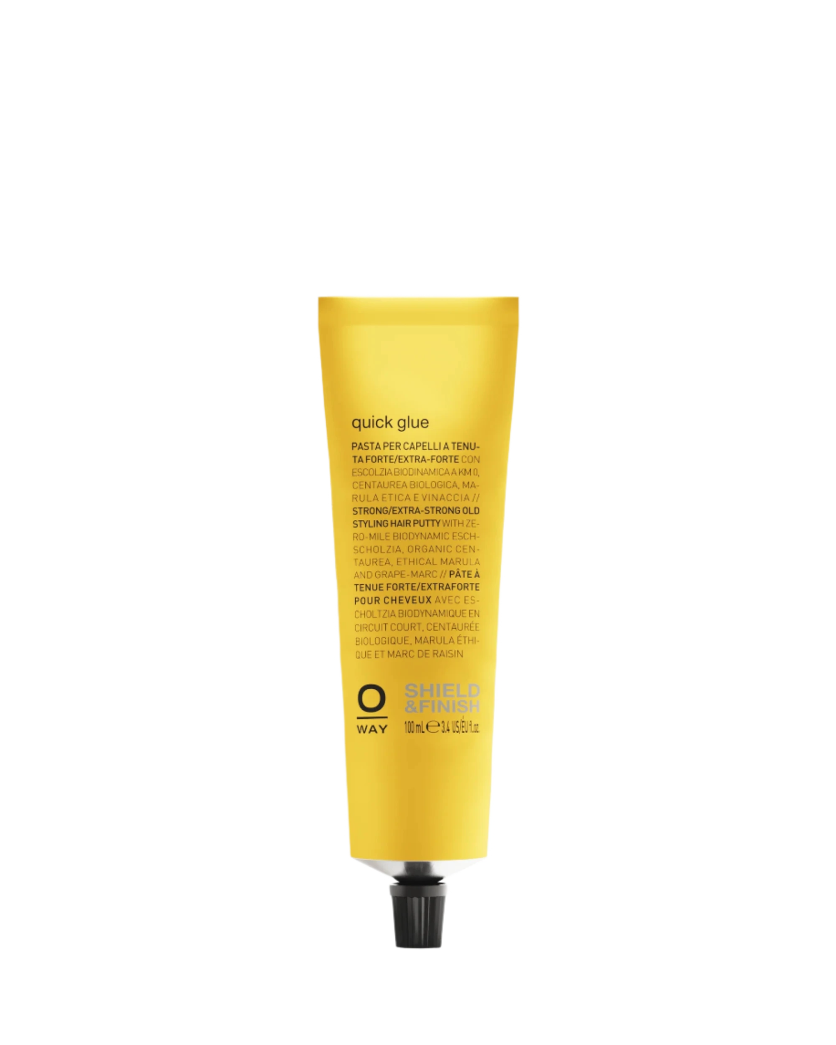 A yellow tube of Oway Quick Glue | Ultra-Hold Styling Glue for Creative Hair Sculpting stands upright, featuring black text and a black screw cap—ideal for creative styles and ultra-strong hold.