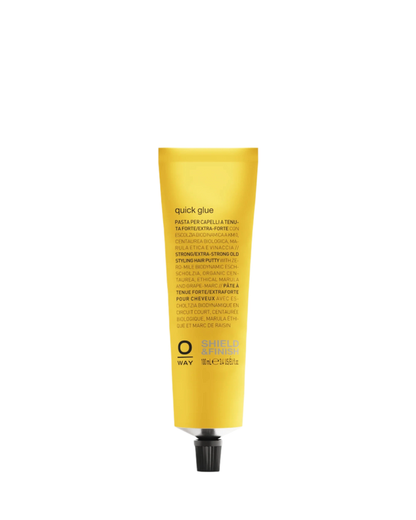 A yellow tube of Oway Quick Glue | Ultra-Hold Styling Glue for Creative Hair Sculpting stands upright against a white background, featuring Oway branding and product details in black—ideal for creative hair styling.
