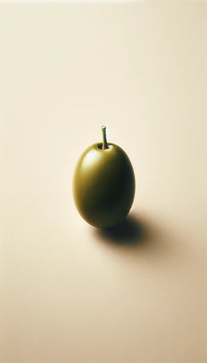 A single green olive with a stem rests on a smooth surface, much like Oway Moisturizing Hair Bath—a hydrating shampoo for dry, lackluster hair—poised to nourish and bring shine.