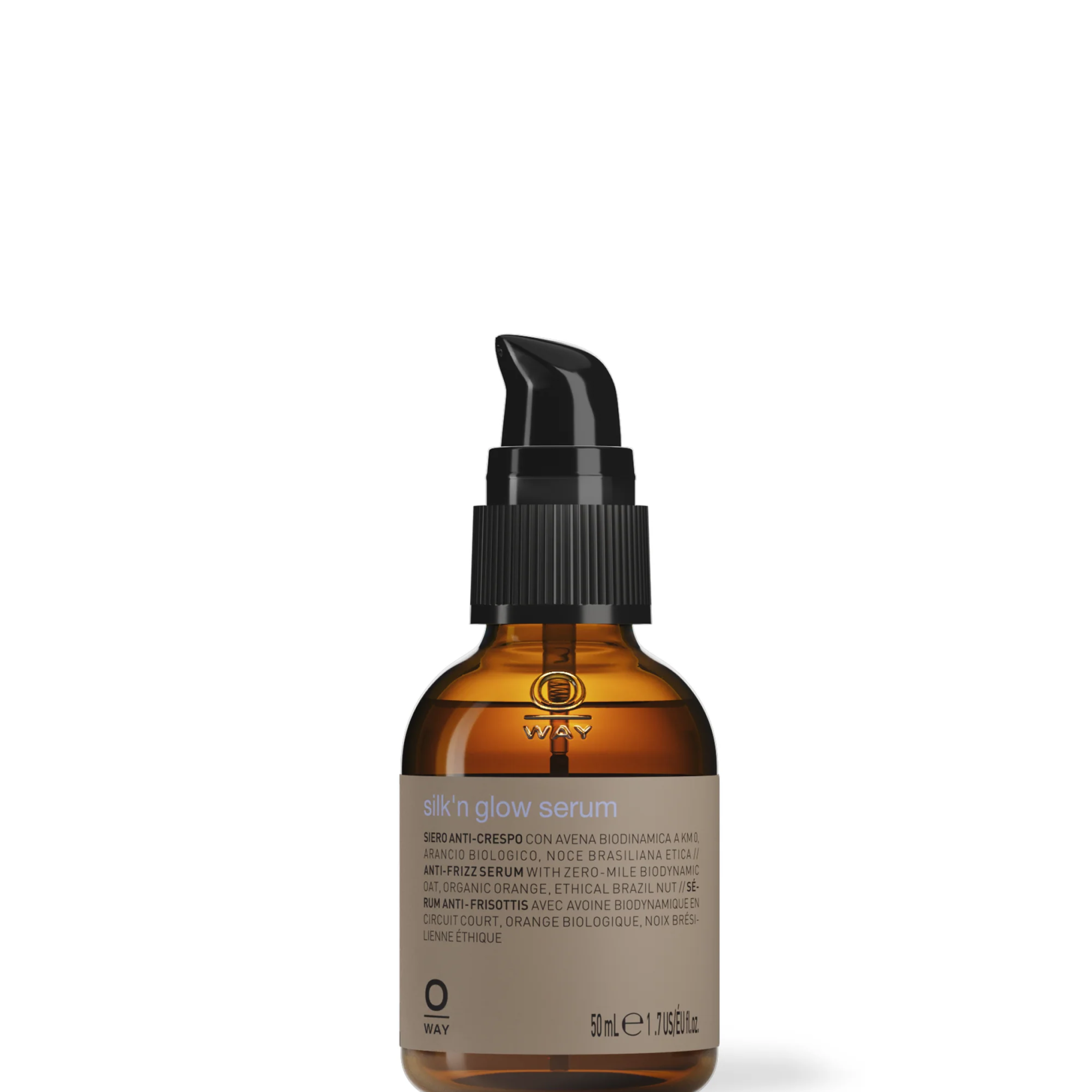 A brown glass bottle with a black pump labeled “Oway Silk’N Glow Serum | Anti-Frizz Shine Serum for Dry, Frizzy Hair” contains 50 ml of Oway’s serum, enriched with biodynamic oat and Brazil nut oil, shown against a white background.