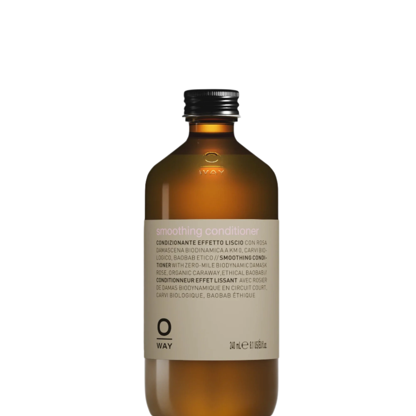 A brown Oway Smoothing Conditioner bottle, designed for frizzy hair with biodynamic caraway, features a silver cap and minimalistic look, set against a black textured background.