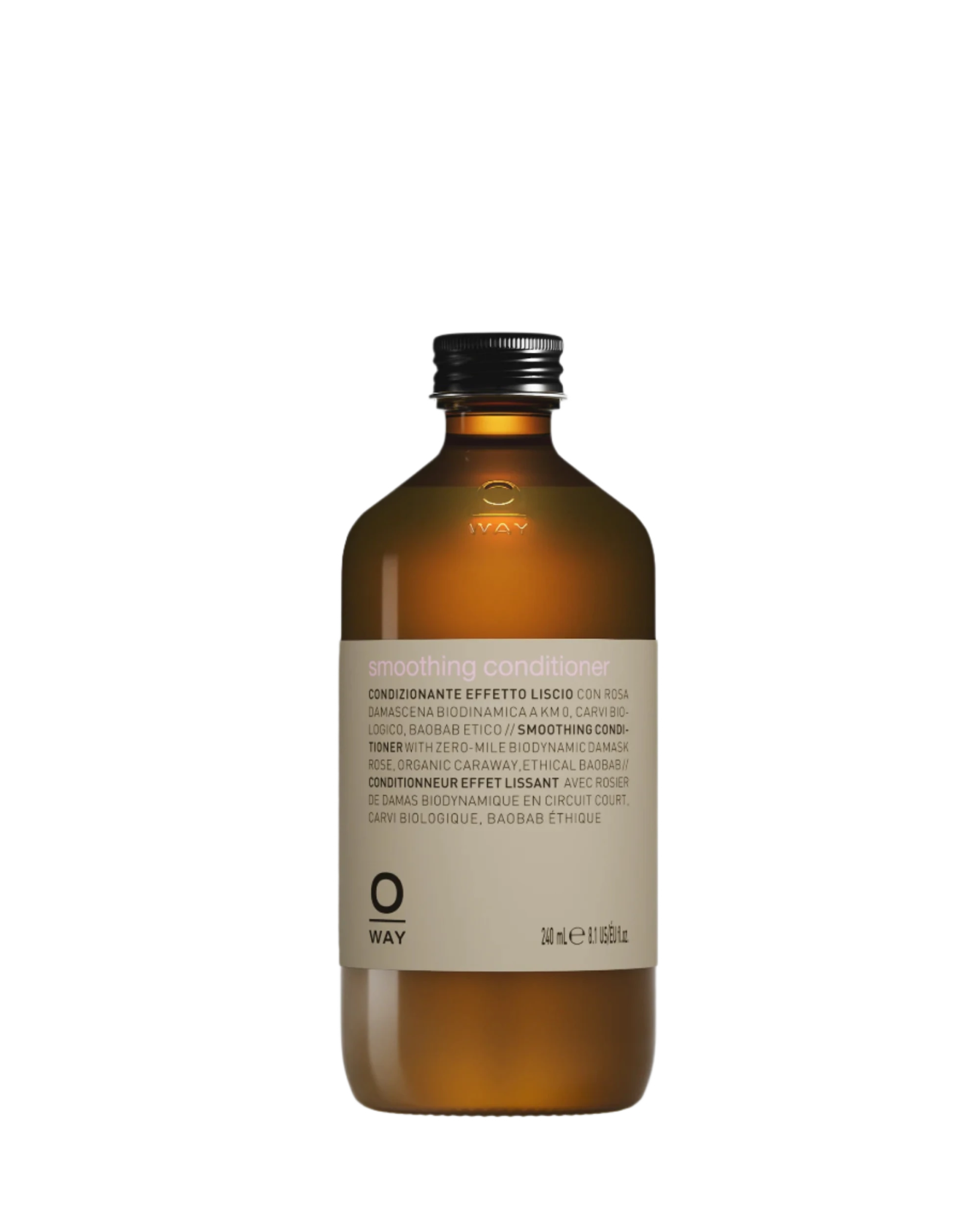 A brown Oway Smoothing Conditioner bottle, designed for frizzy hair with biodynamic caraway, features a silver cap and minimalistic look, set against a black textured background.