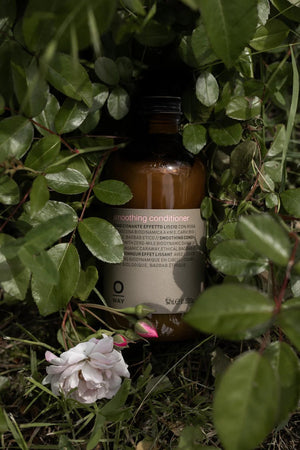 A brown Oway Smoothing Conditioner bottle with a black cap and white label sits among green leaves and a pink flower. Enriched with baobab oil, this detangling conditioner helps tame frizz for soft, polished hair.
