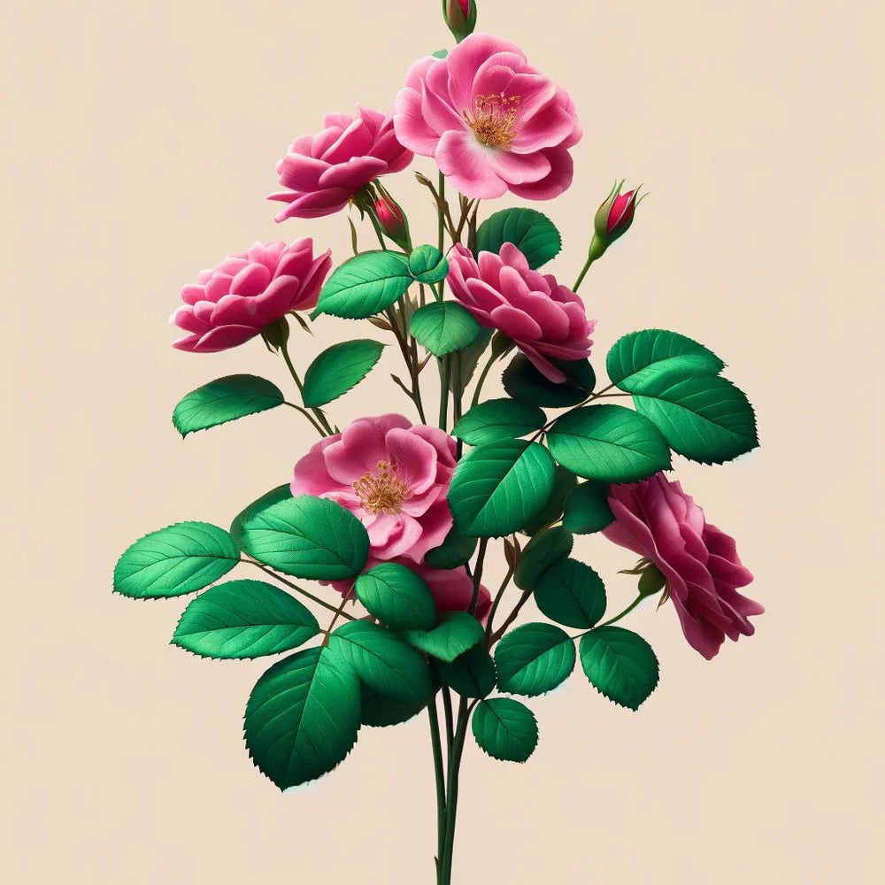 A single stem with pink roses and green leaves is set against beige, evoking natural beauty and the smooth, frizz-free hair shine of Oway Smoothing Fluid | Sleek Styling Serum for Smooth, Frizz-Free Hair by Oway.