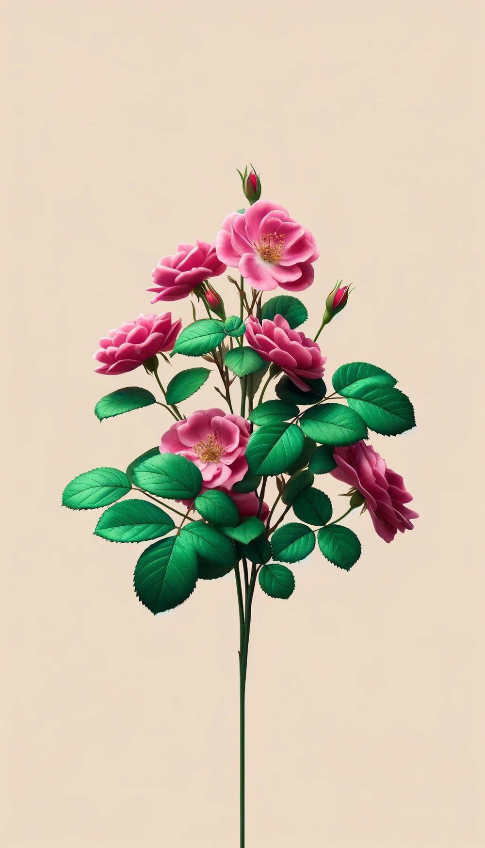 A single stem with pink roses and green leaves is set against beige, evoking natural beauty and the smooth, frizz-free hair shine of Oway Smoothing Fluid | Sleek Styling Serum for Smooth, Frizz-Free Hair by Oway.