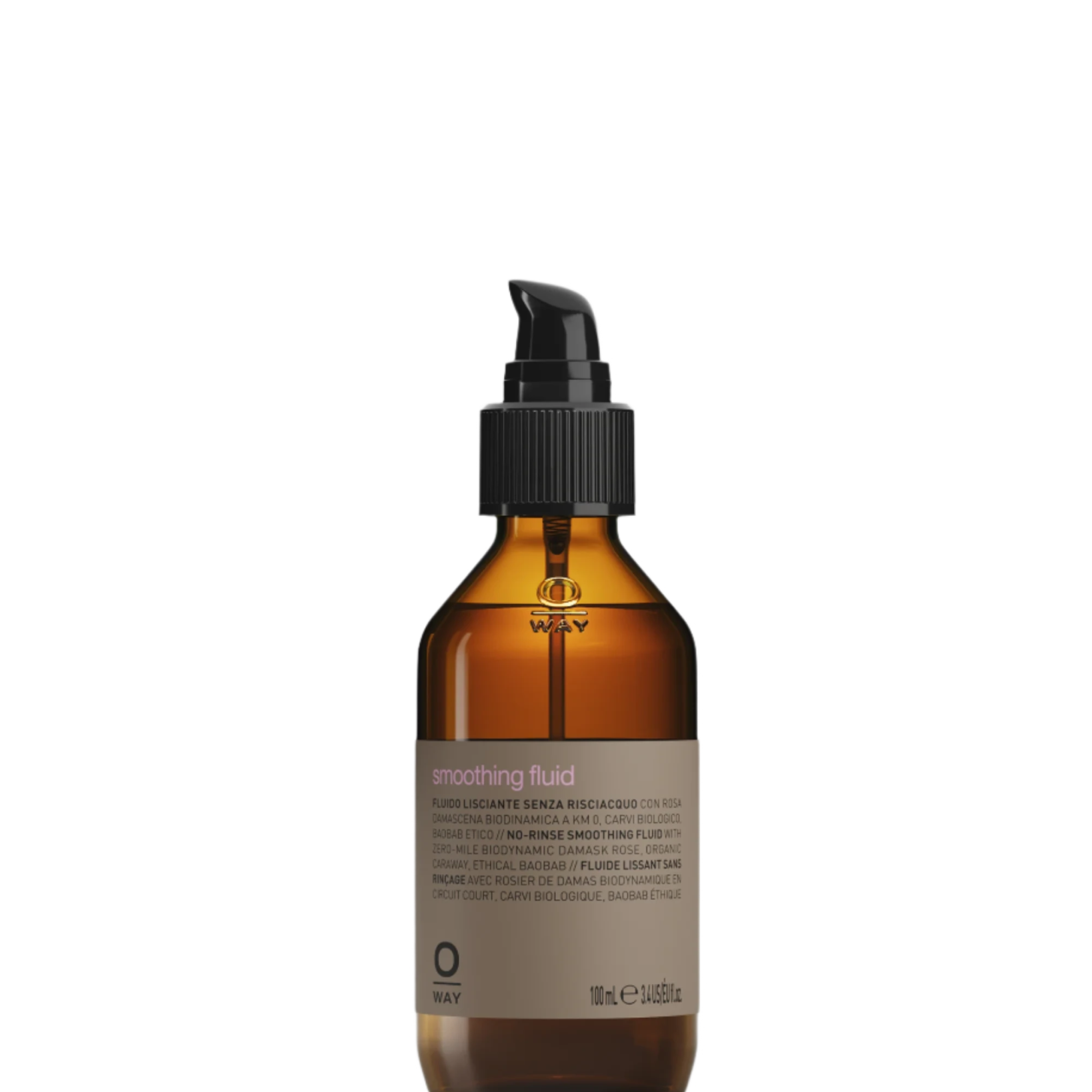 An Oway Smoothing Fluid bottle labeled "Sleek Styling Serum for Smooth, Frizz-Free Hair" stands upright against a plain black background, offering frizz control and radiant shine.