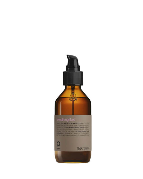 A brown bottle with a black pump dispenser contains Oway Smoothing Fluid | Sleek Styling Serum for Smooth, Frizz-Free Hair, 100 ml, with a label detailing product use and ingredients.