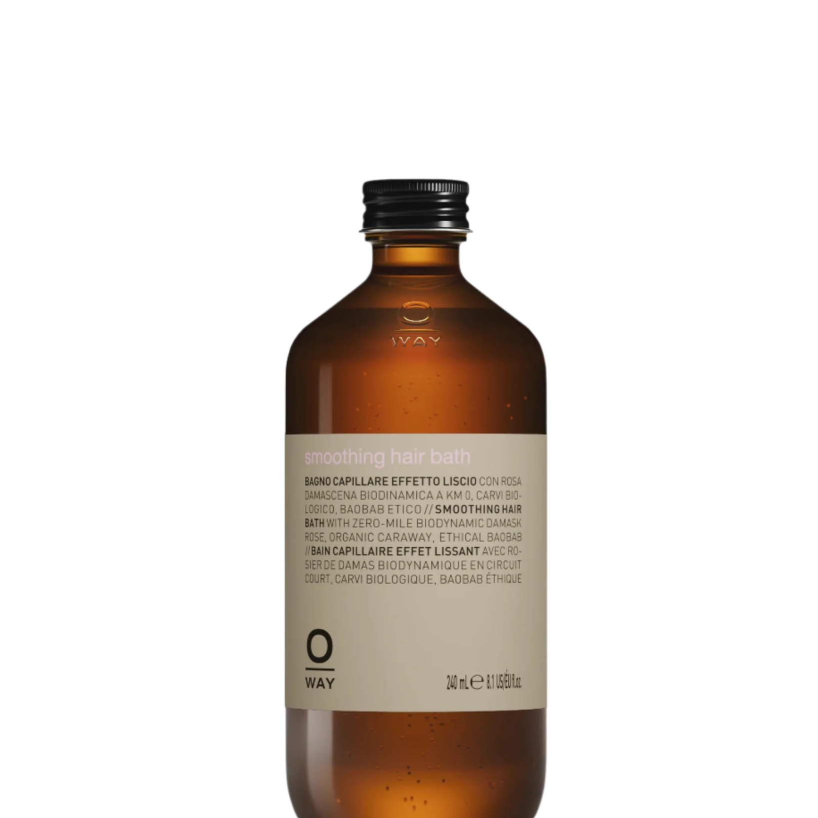 Clear glass bottle with brown cap featuring a beige label and 240 ml of Oway Smoothing Hair Bath | Frizz-Control Shampoo for Coarse or Unruly Hair, enriched with biodynamic caraway extract.