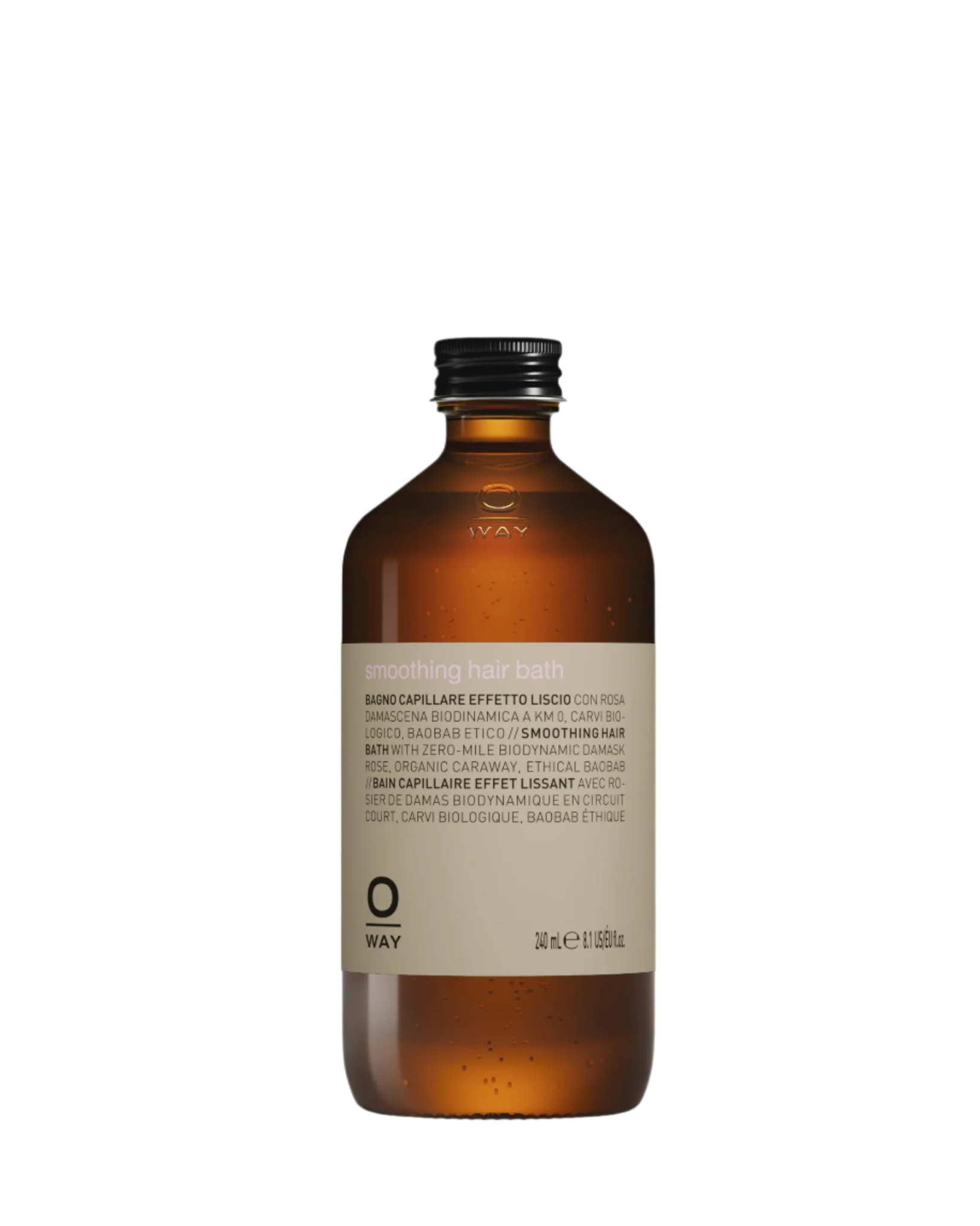Clear glass bottle with brown cap featuring a beige label and 240 ml of Oway Smoothing Hair Bath | Frizz-Control Shampoo for Coarse or Unruly Hair, enriched with biodynamic caraway extract.