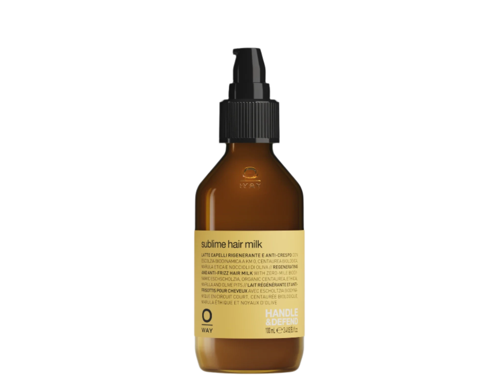 A brown Oway Sublime Hair Milk bottle is centered on a black textured background, emphasizing its lightweight leave-in formula that boosts softness and shine.