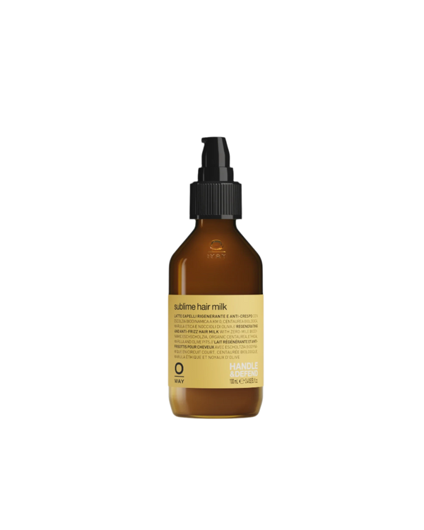 A brown bottle with a black pump dispenses Oway Sublime Hair Milk, a lightweight leave-in moisture milk for frizz control, softness, and shine. The yellow label showcases its nourishing formula by Oway.