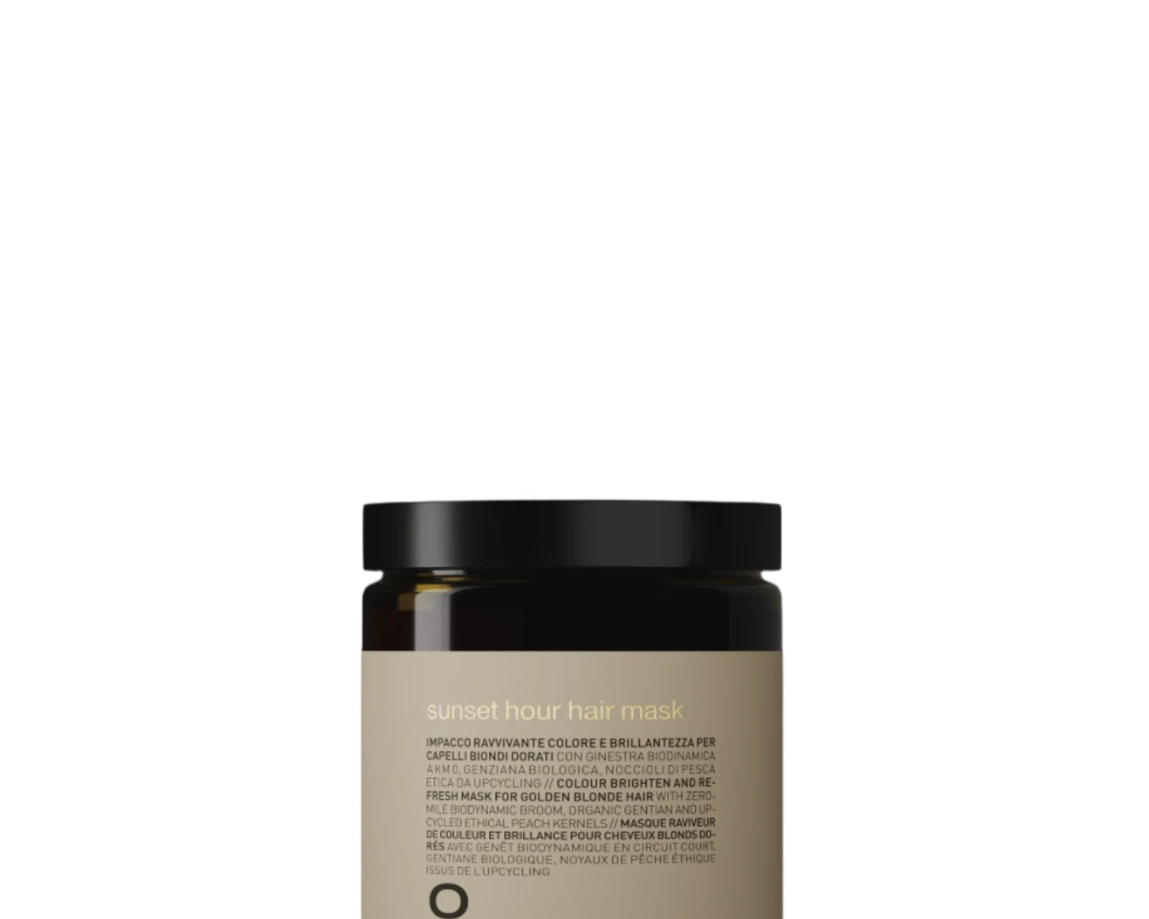 A brown jar of Oway Sunset Hour Hair Mask | Radiance-Boosting Mask for Golden Blonde Hair is displayed against a black textured background.
