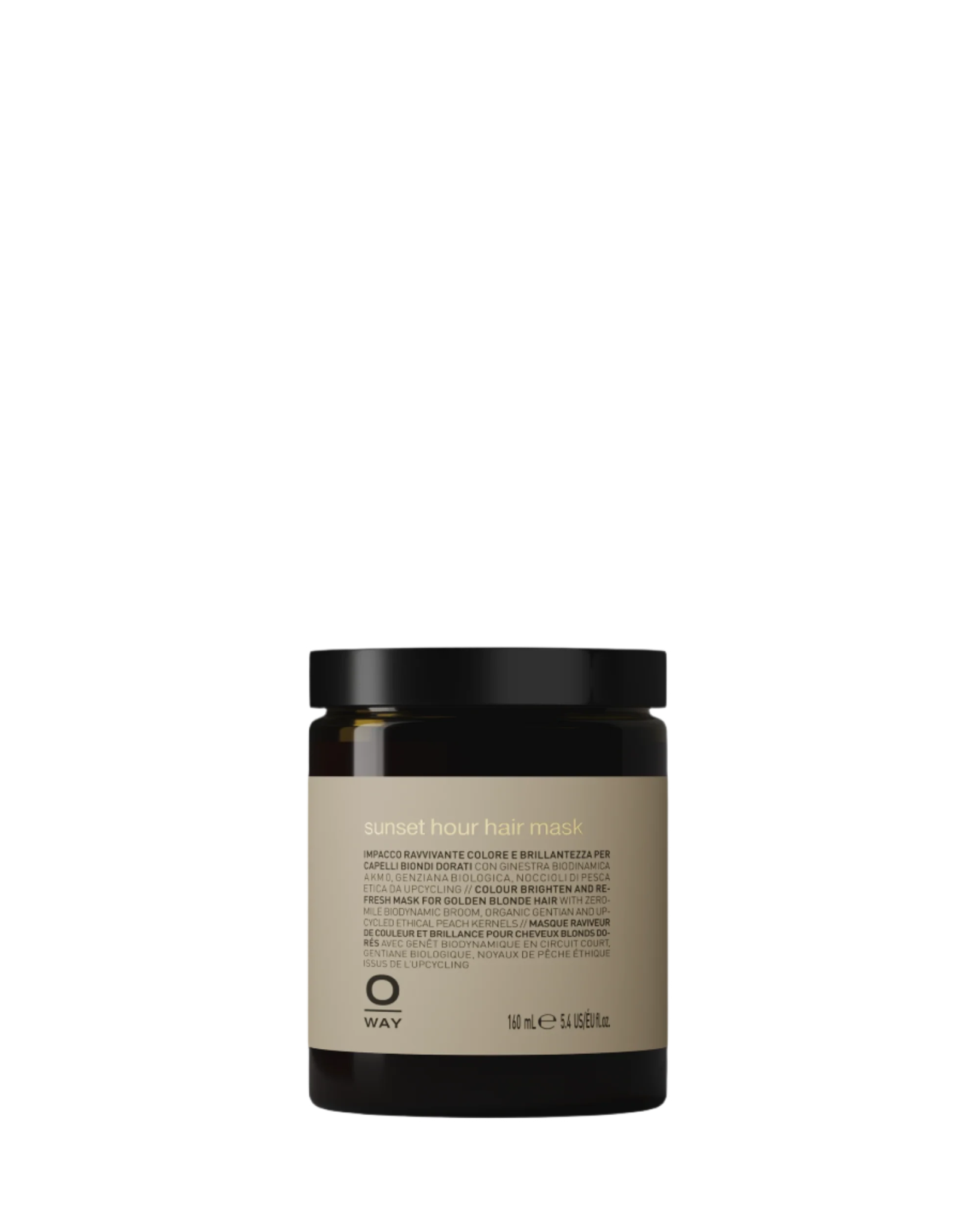 A brown jar of Oway Sunset Hour Hair Mask | Radiance-Boosting Mask for Golden Blonde Hair is displayed against a black textured background.