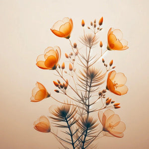 A delicate branch with orange and cream flowers and buds set against a soft, neutral background evokes the instant lift and natural volume of Oway Volume and Texture Hair Puff, a volumizing styling powder by Oway.