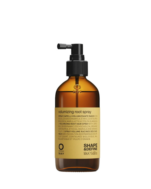 A brown pump bottle of Oway Volumizing Root Spray offers lightweight root lift for fine, flat hair. It features a black pump and base, with “Oway” branding and “SHAPE & DEFINE” printed at the bottom.