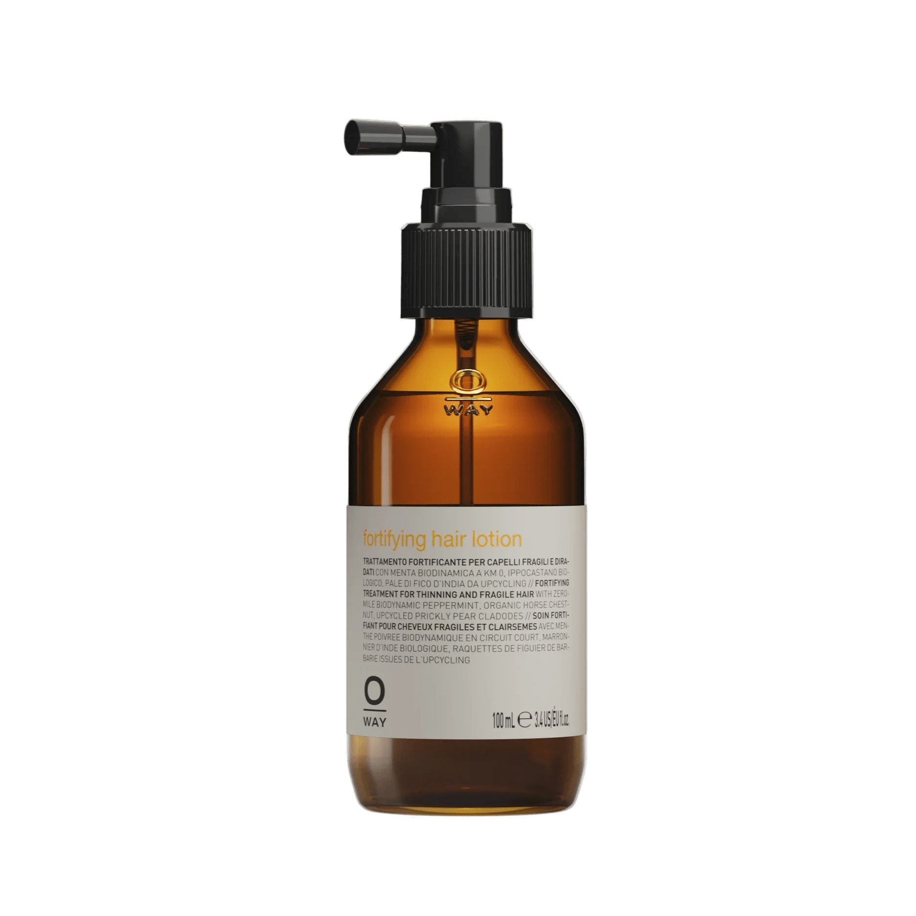 Brown glass bottle with black pump on a white background