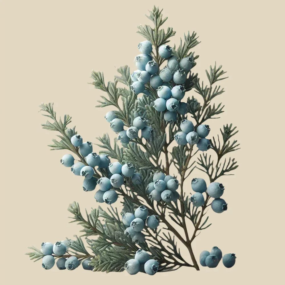 Illustration of a branch with blue berries on a beige background