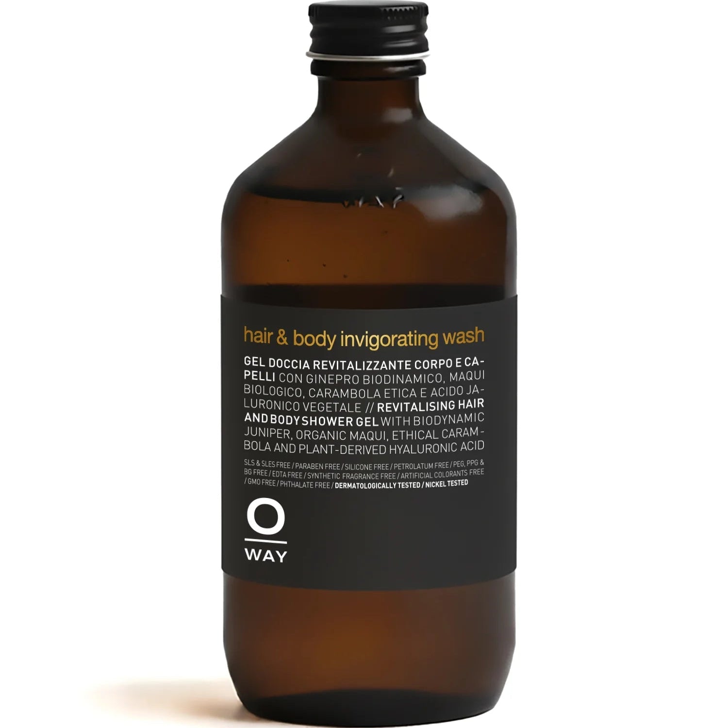 Brown bottle of hair and body invigorating wash with a black label on a white background