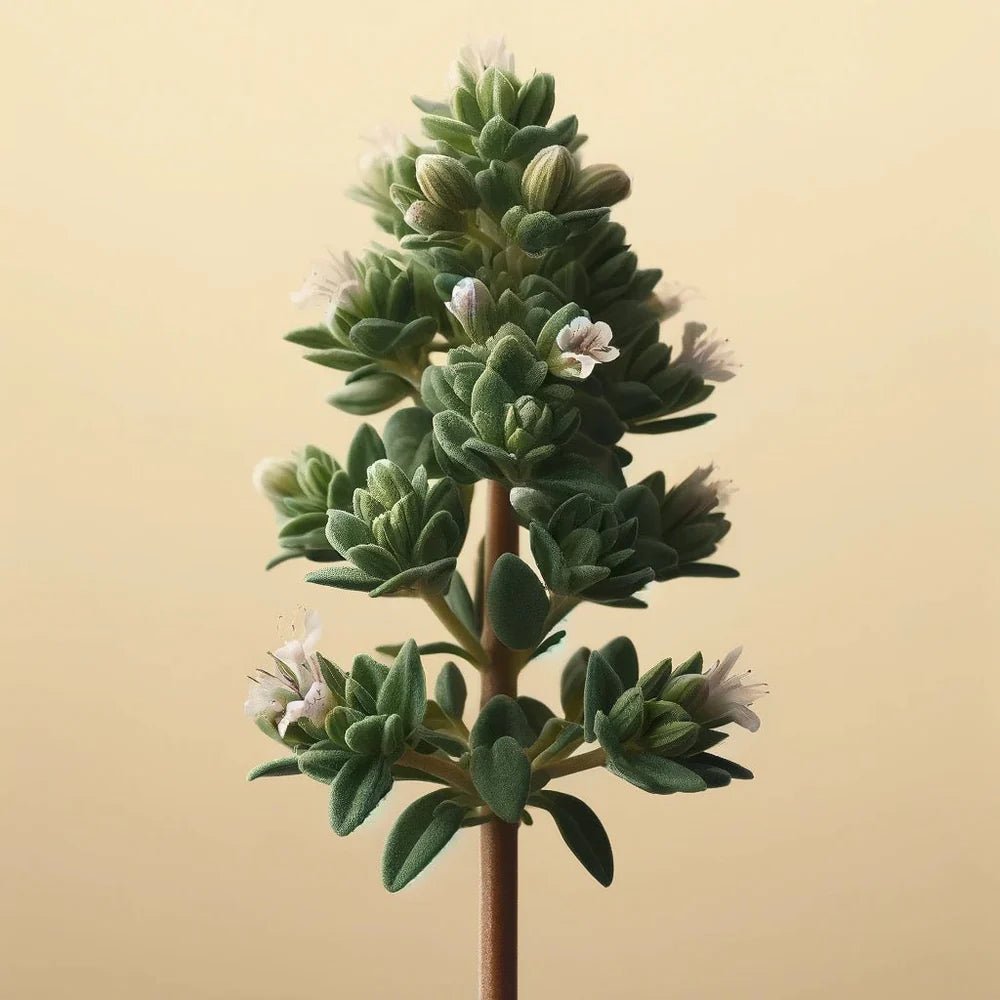 Herb with green leaves and small white flowers on a beige background
