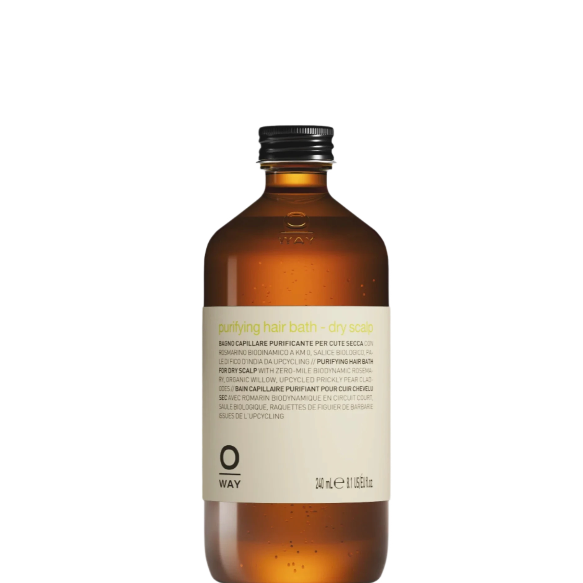 The Oway Purifying Hair Bath for Dry Scalp is a 240 ml brown glass bottle with a black screw cap, enriched with organic rosemary and willow bark extracts, shown against a white background.
