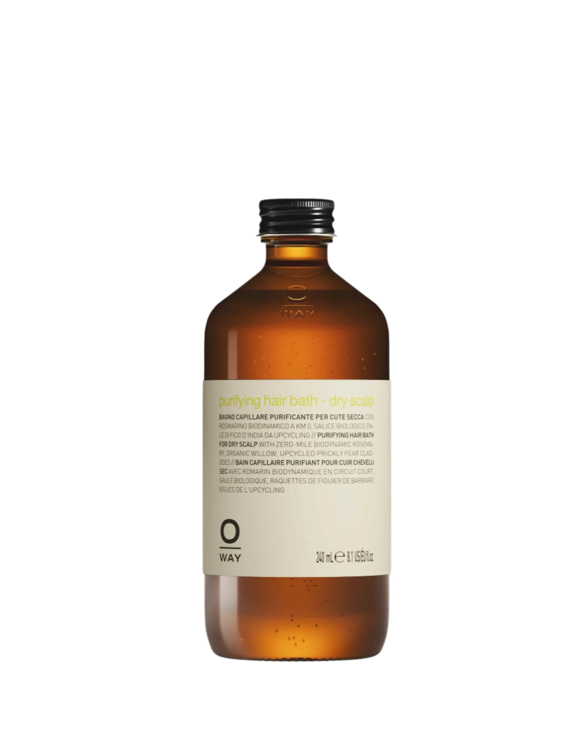 The Oway Purifying Hair Bath for Dry Scalp is a 240 ml brown glass bottle with a black screw cap, enriched with organic rosemary and willow bark extracts, shown against a white background.