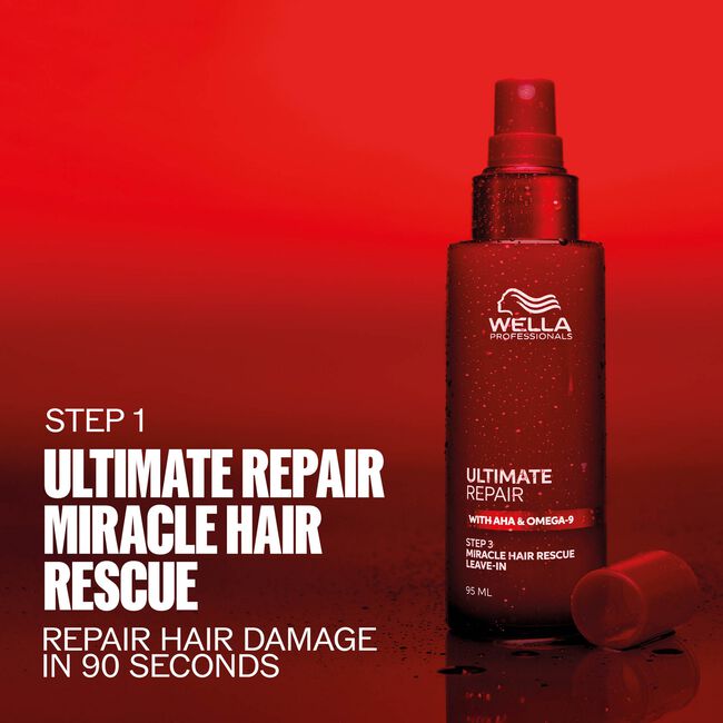 Wella Professionals Ultimate Repair Miracle Hair Rescue spray bottle on a red gradient background with text reading 'STEP 1 ULTIMATE REPAIR MIRACLE HAIR RESCUE' and a small detached cap at the base.