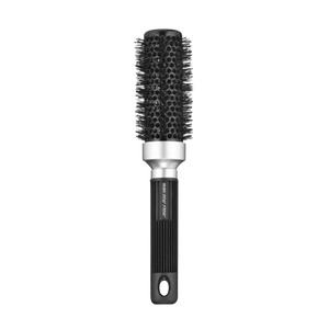 The RUSK Round Brush features a black handle, ceramic barrel, and ionic bristles, designed for styling and blow-drying hair.