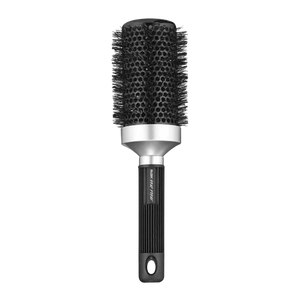 The RUSK Round Brush by RUSK features a black handle, silver accents, and dense ionic bristles, perfect for styling and blow-drying hair.