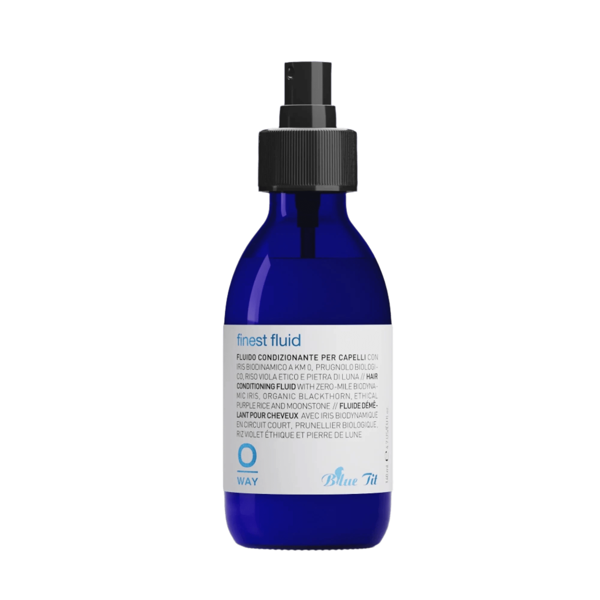 Blue bottle with a black cap on a white background