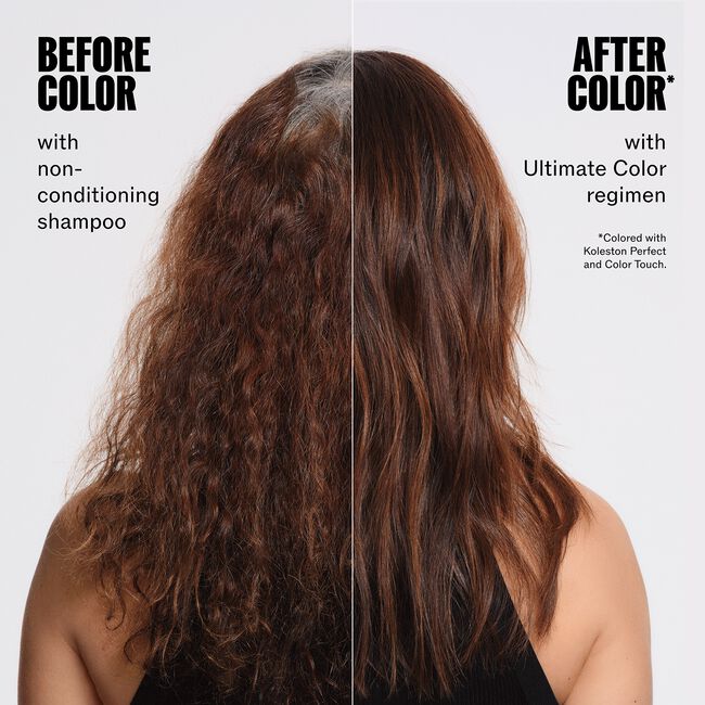 Before and after hair color comparison with a conditioning shampoo and color regimen.