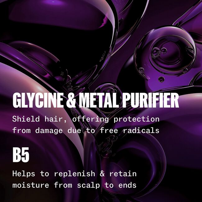 Purple abstract design with text about glycine and metal purifier and B5 benefits.