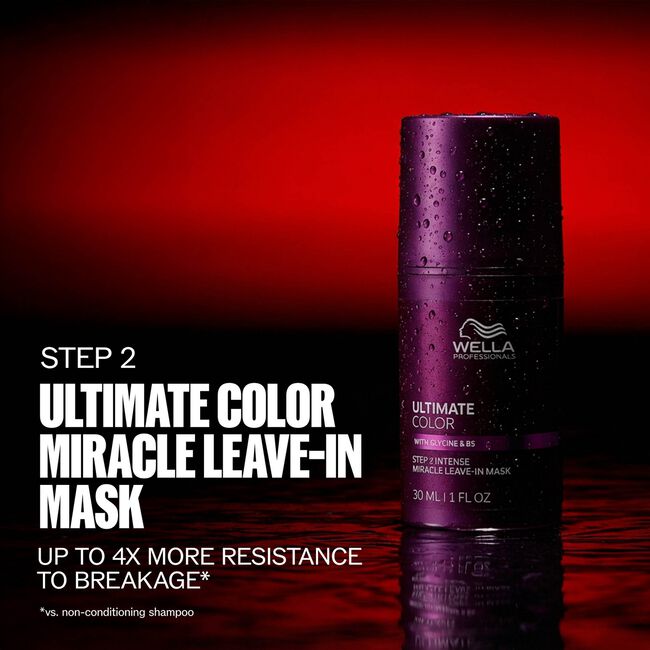 Wella Professionals Ultimate Color Miracle Leave-In Mask bottle on a glossy red reflective surface with text reading 'STEP 2 ULTIMATE COLOR MIRACLE LEAVE-IN MASK UP TO 4X MORE RESISTANCE TO BREAKAGE'.