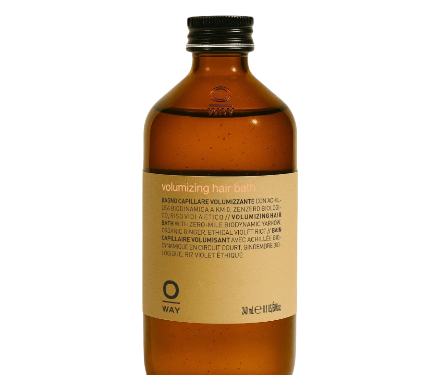 Oway Volumizing Hair Bath, a gentle volumizing shampoo for fine or limp hair, comes in an 8.5 fl oz (240 ml) brown glass bottle and features organic ginger and biodynamic yarrow. Set against a white background.